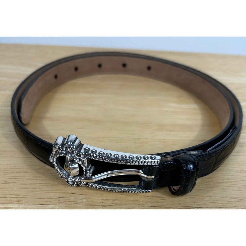 VTG Brighton Belt Womens M/L32 Black Croc Embossed Leather Spinner Heart Western